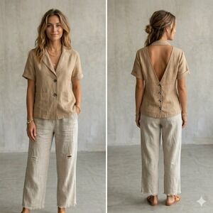 FILOSOFIA Linen Open Back Short Sleeve Blazer Top Tan Beige Notched Lapel L NOWT